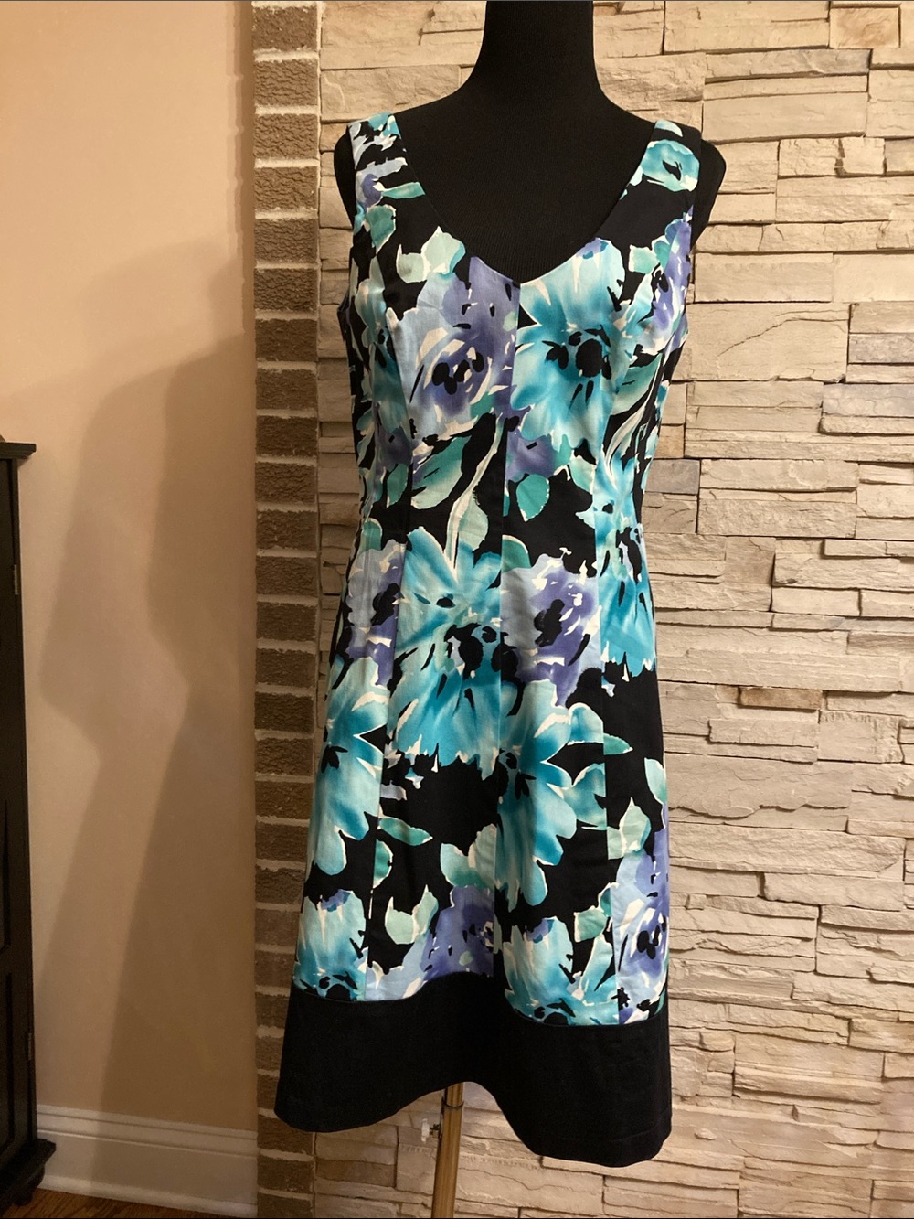 Chaps Black Floral Sheath Dress with Aqua and Lavender Blooms